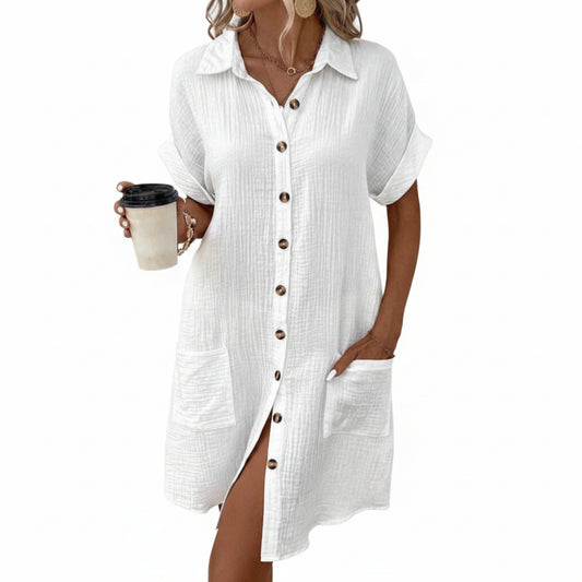 Women's Short Button-Up Shirt Dress with Oversized Pockets - 1