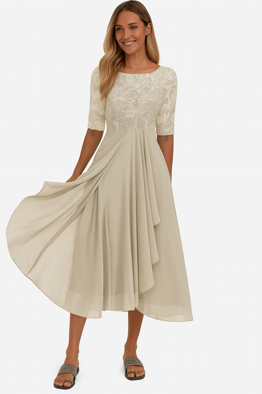 Women's Short Sleeve A-Line Midi Dress with Embroidery and Asymmetrical Skirt - 1