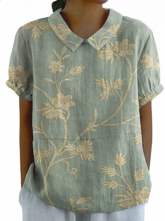 Women's Short Sleeve Blouse with Polo Collar and Floral Print - 1