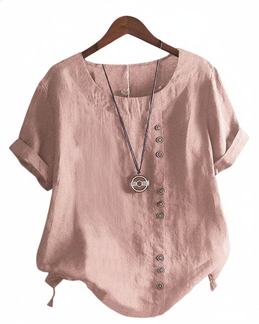 Women's Short Sleeve Blouse with Rolled Sleeves, Round Neck, and Buttons - 1