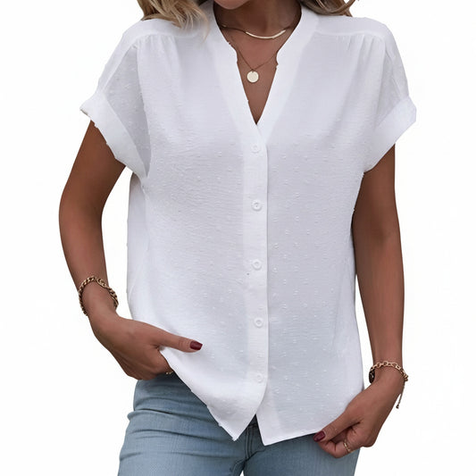 Women's Short Sleeve Blouse with V-Neck and Button Closure - 1