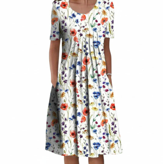 Women's Short Sleeve Midi Dress with Round Neck and Floral Print - 1