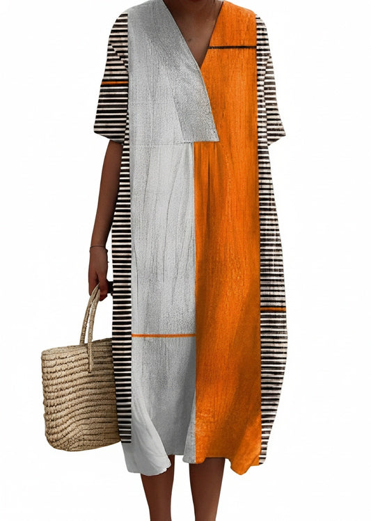 Women's Short Sleeve Midi Dress with V-Neck and Loose Fit - 1