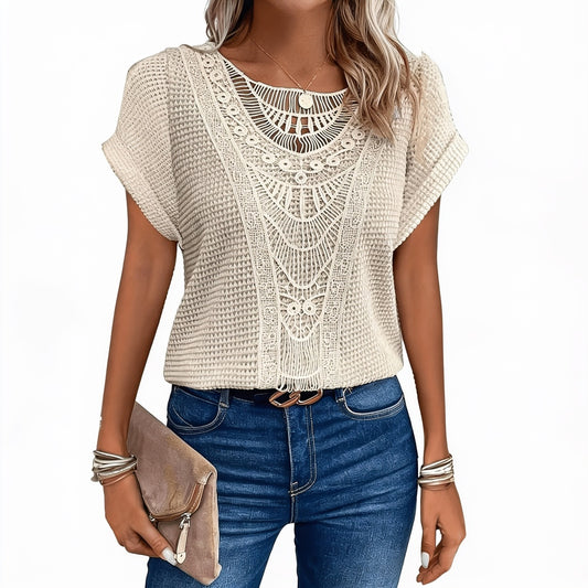 Women’s Short Sleeve Top with Round Neck and Boho Style Crochet Embroidery - 1