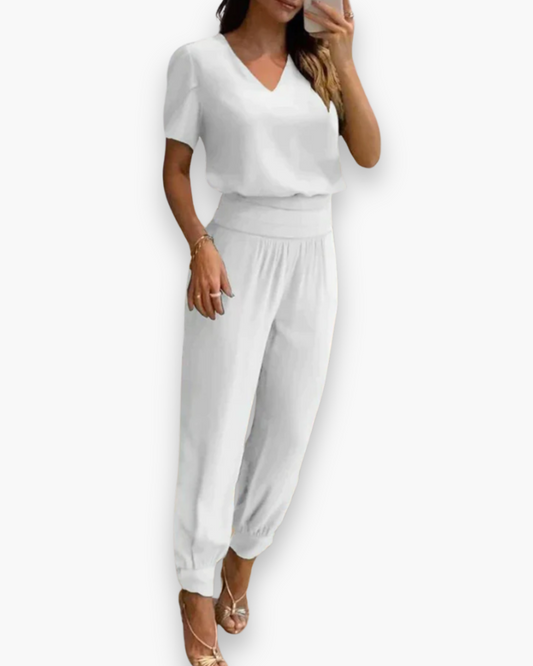 Women's Short Sleeve V-Neck Jumpsuit with Elastic Waist - 1