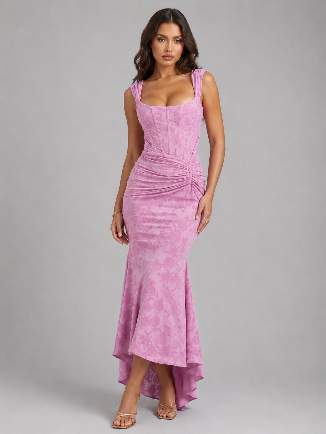 Women's Sleeveless Corset Maxi Dress with Floral Texture and Asymmetric Fishtail Hem