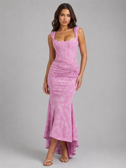 Women's Sleeveless Corset Maxi Dress with Floral Texture and Asymmetric Fishtail Hem