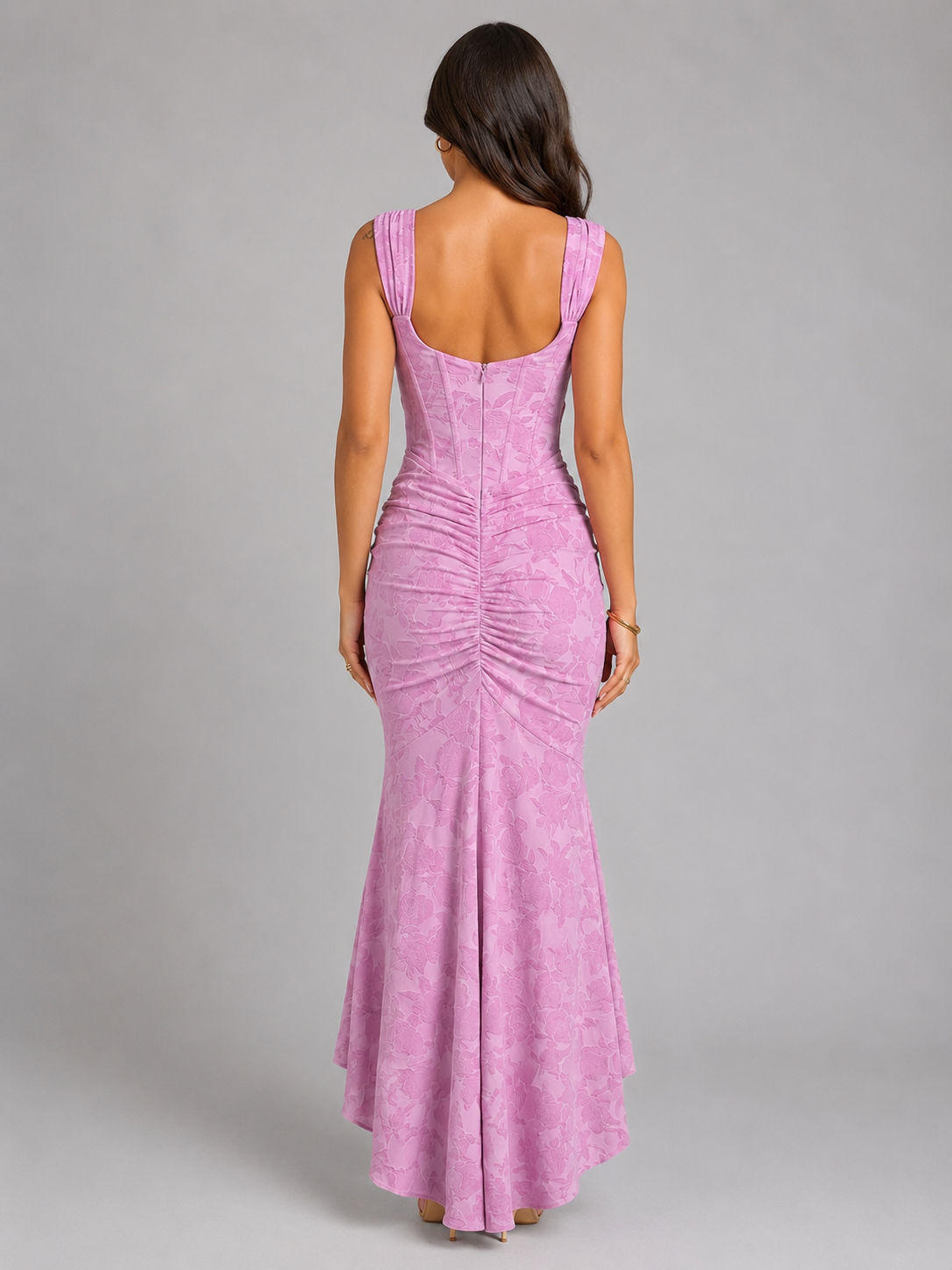 Women's Sleeveless Corset Maxi Dress with Floral Texture and Asymmetric Fishtail Hem