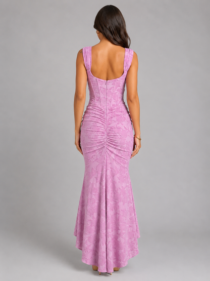 Women's Sleeveless Corset Maxi Dress with Floral Texture and Asymmetric Fishtail Hem