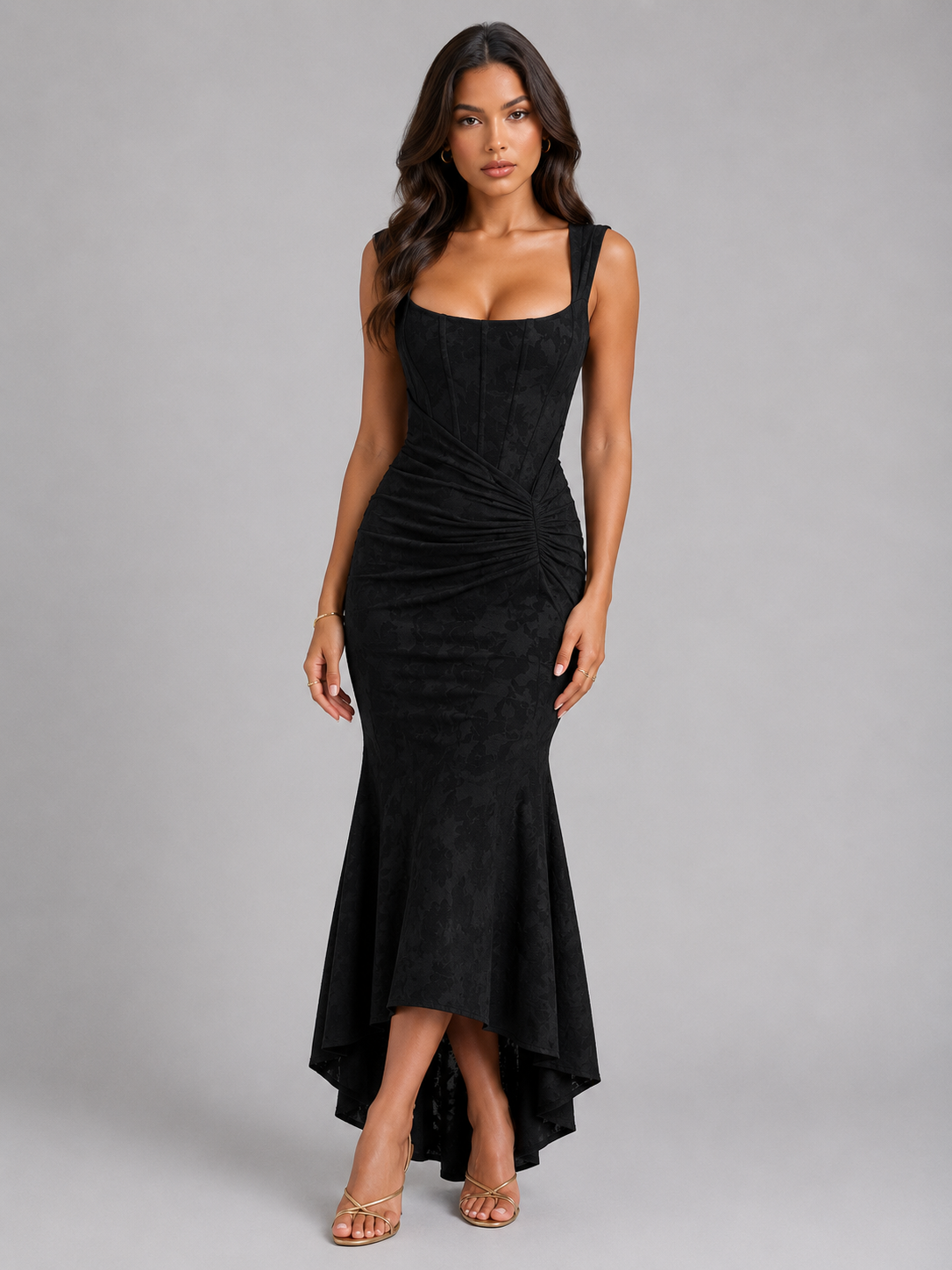 Women's Sleeveless Corset Maxi Dress with Floral Texture and Asymmetric Fishtail Hem
