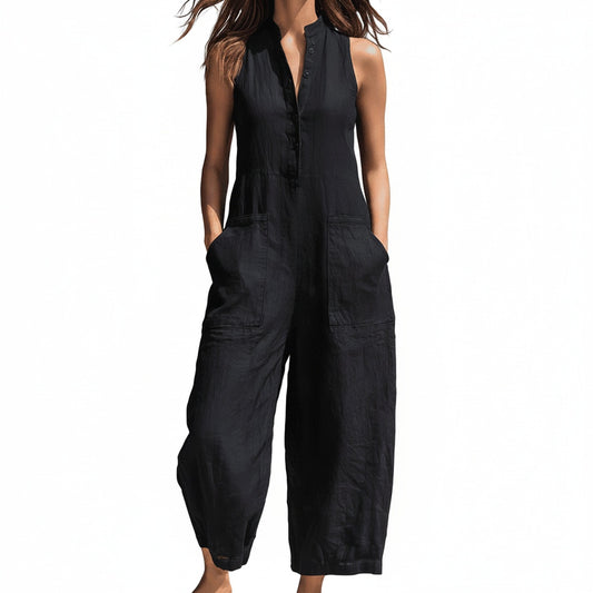 Women's Sleeveless Jumpsuit with High Neck and Large Pockets - 1