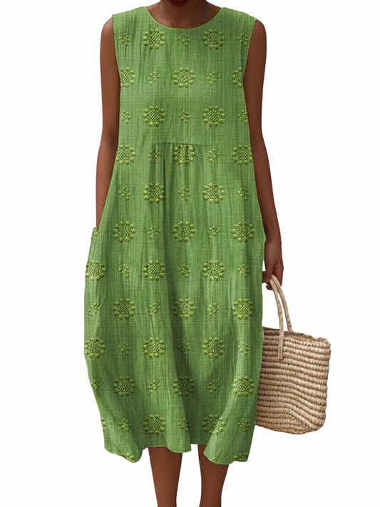 Women's Sleeveless Midi Dress with Round Neck, Floral Embroidery, and Pockets - 1