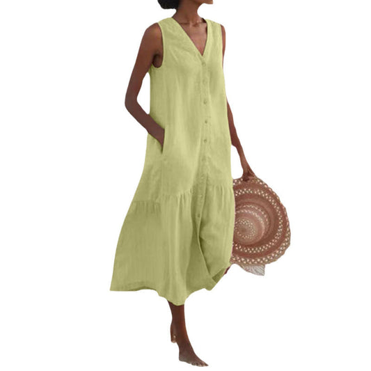 Women's Sleeveless Midi Dress with V-Neck and Button Front - 1