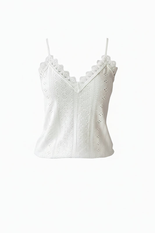 Women's Sleeveless Top with Thin Straps, V-Neck, and Lace Trim - 1