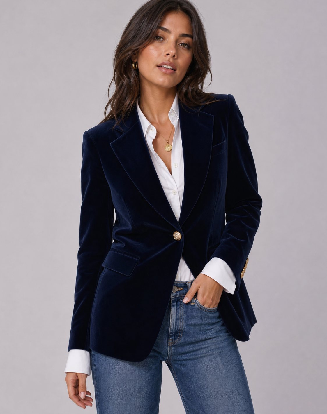 Women's Slim Fit Blazer with Notch Lapel and Gold Button