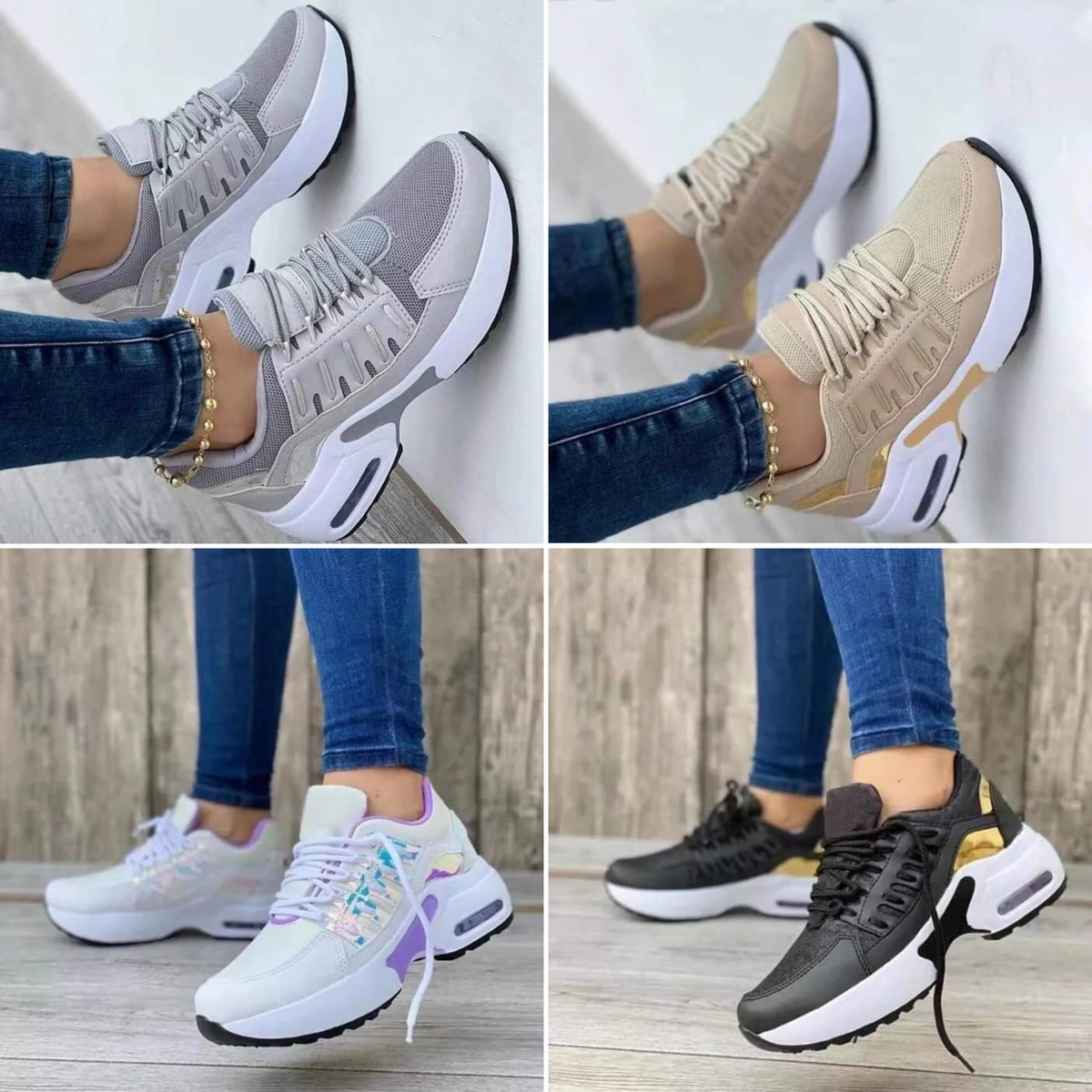 Women's Sneakers with Air Cushion Sole and Lace-Up Closure