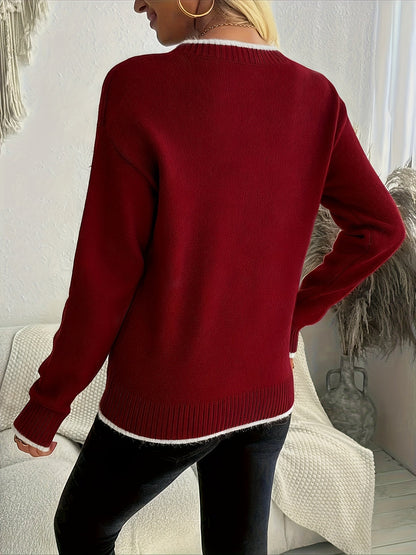 Women's Snowflake Oversized Christmas Sweater with Crew Neck and Contrast Ribbed Trim