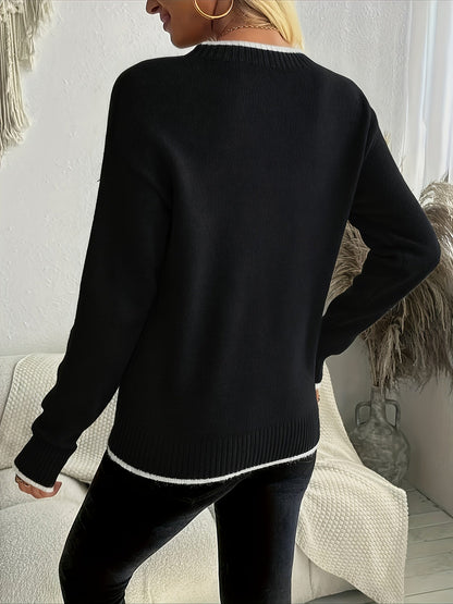 Women's Snowflake Oversized Christmas Sweater with Crew Neck and Contrast Ribbed Trim