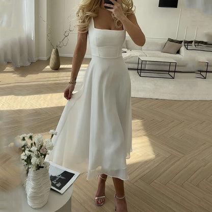 Women's Square Neck Midi Dress with A-Line Skirt and Fitted Bodice