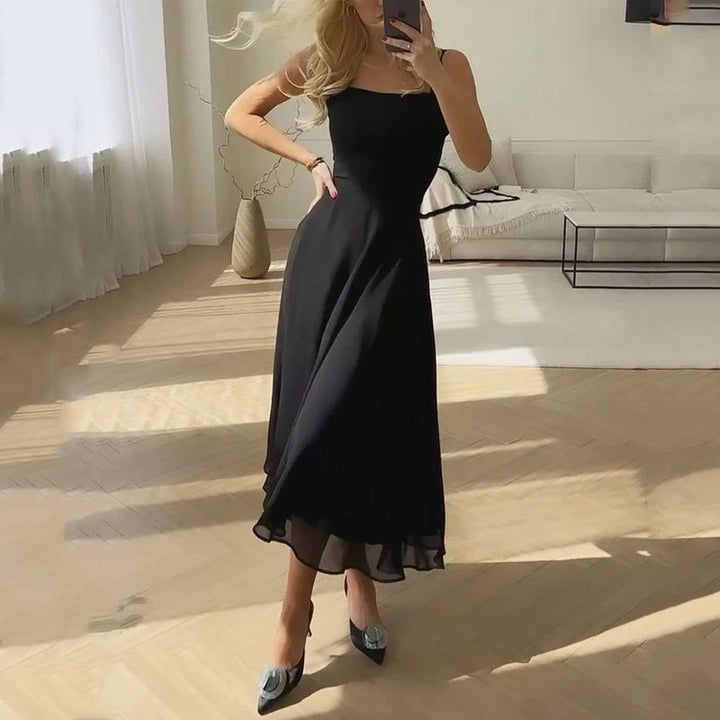 Women's Square Neck Midi Dress with A-Line Skirt and Fitted Bodice