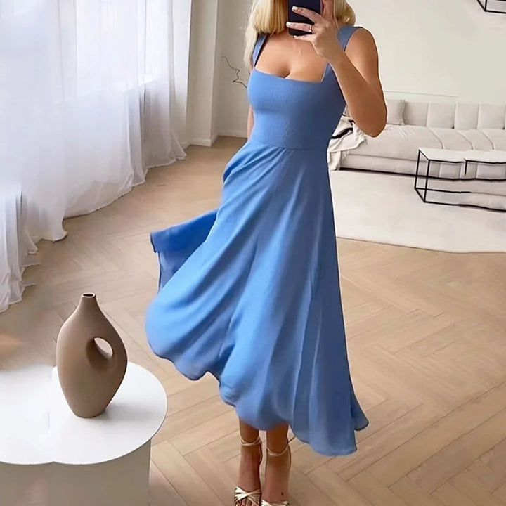 Women's Square Neck Midi Dress with A-Line Skirt and Fitted Bodice