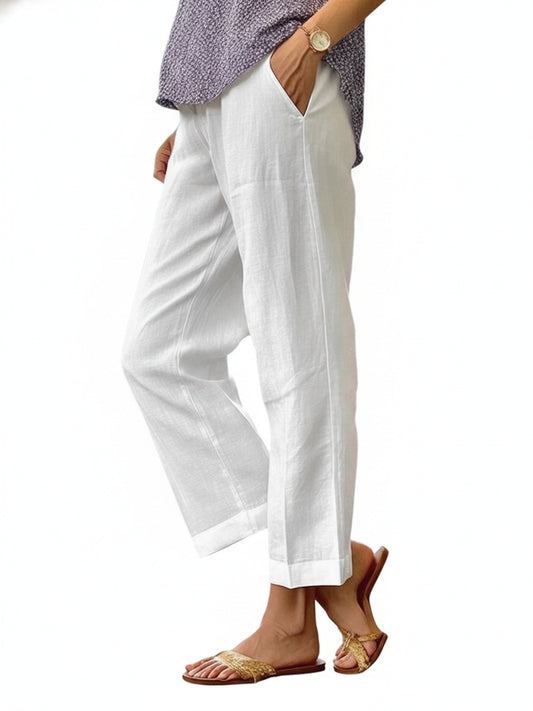 Women's Straight Pants with Elastic Waist and Pockets - 1