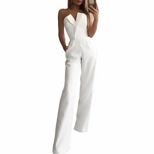 Women's Strapless Jumpsuit with V-Neck and Wide Legs - 1