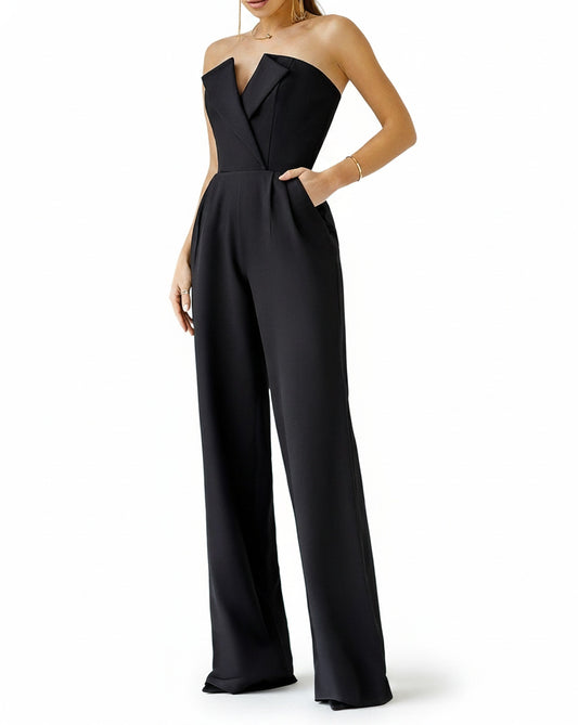 Women’s Strapless Jumpsuit with V-Neck and Wide Legs - 1