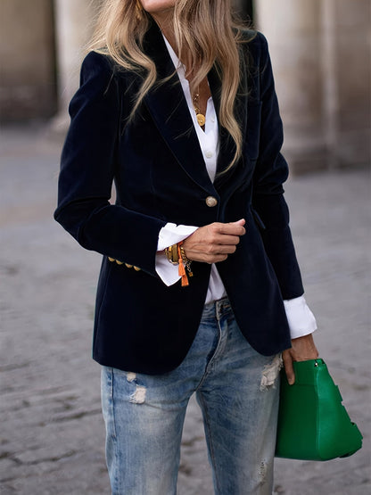 Women's Tailored Single-Button Blazer with Notched Lapel and Flap Pockets