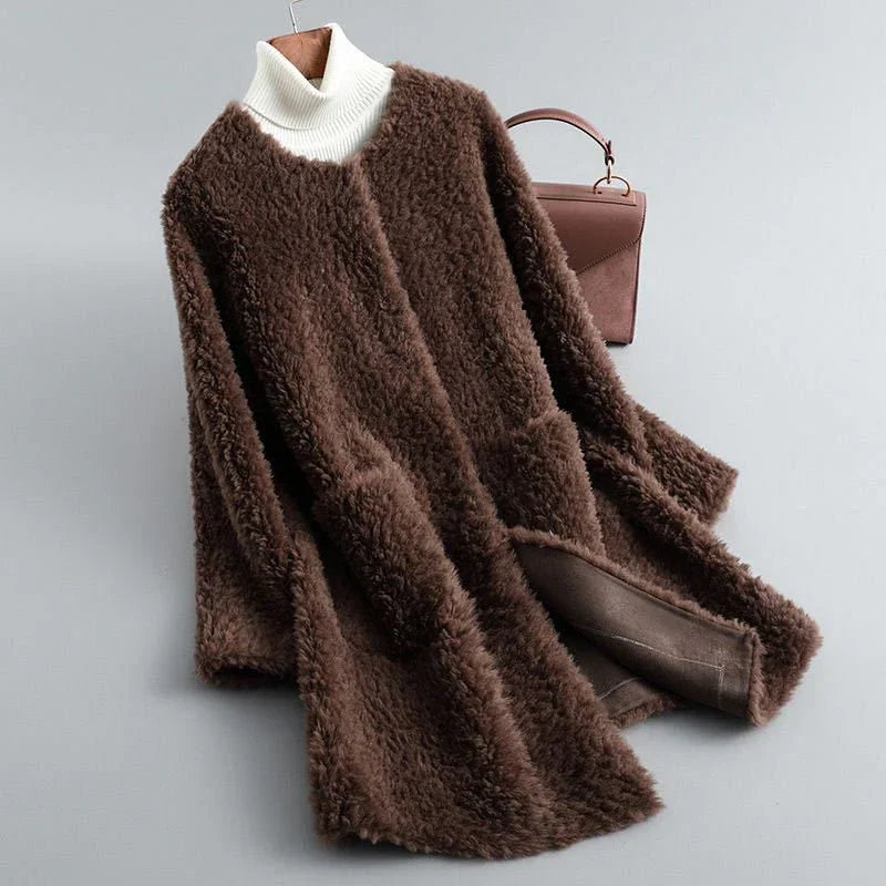 Women's Teddy Coat with Round Neck and Ribbed Collar