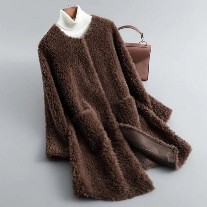 Women's Teddy Coat with Round Neck and Ribbed Collar