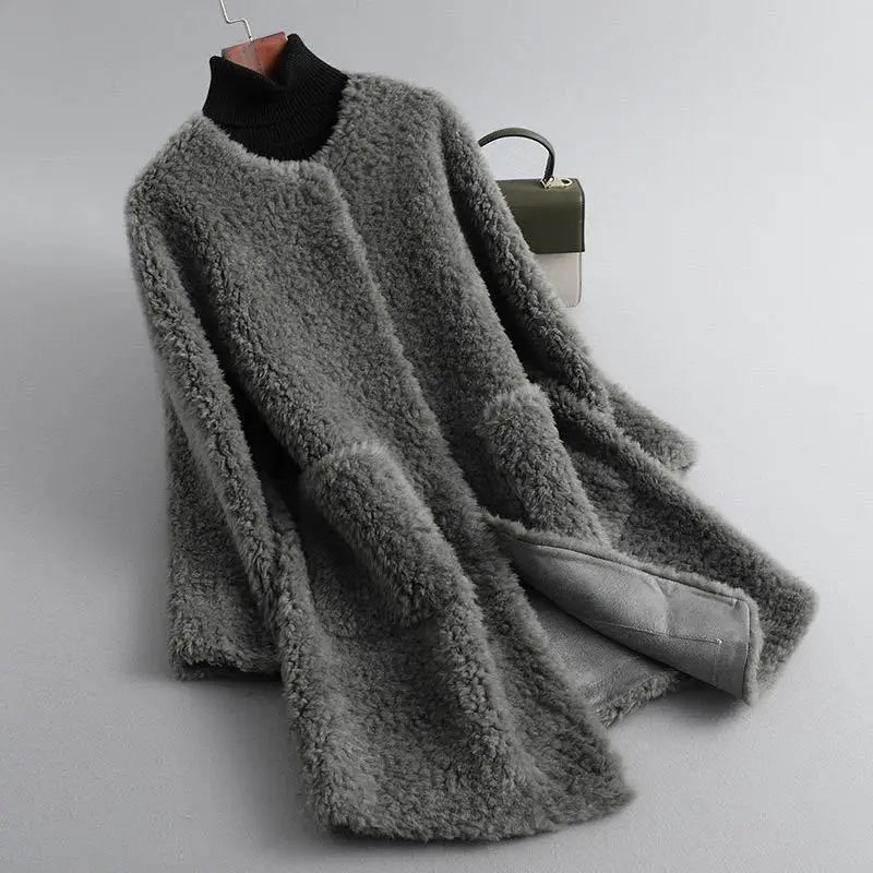 Women's Teddy Coat with Round Neck and Ribbed Collar