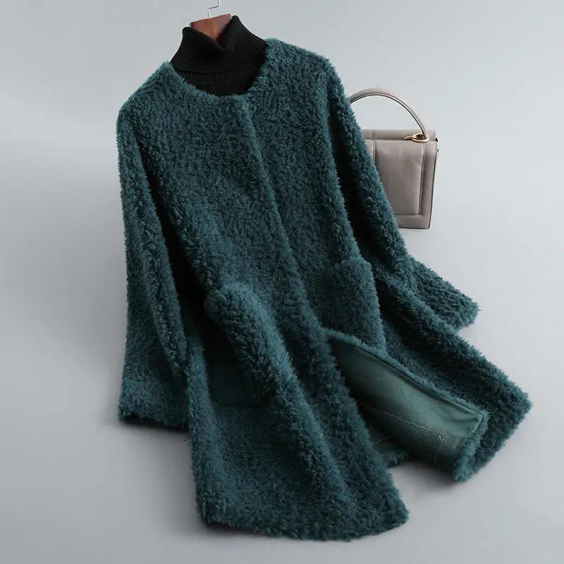 Women's Teddy Coat with Round Neck and Ribbed Collar