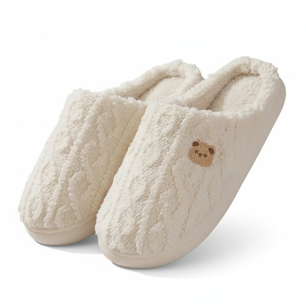 Women's Textured Slippers with Embroidered Bear Detail