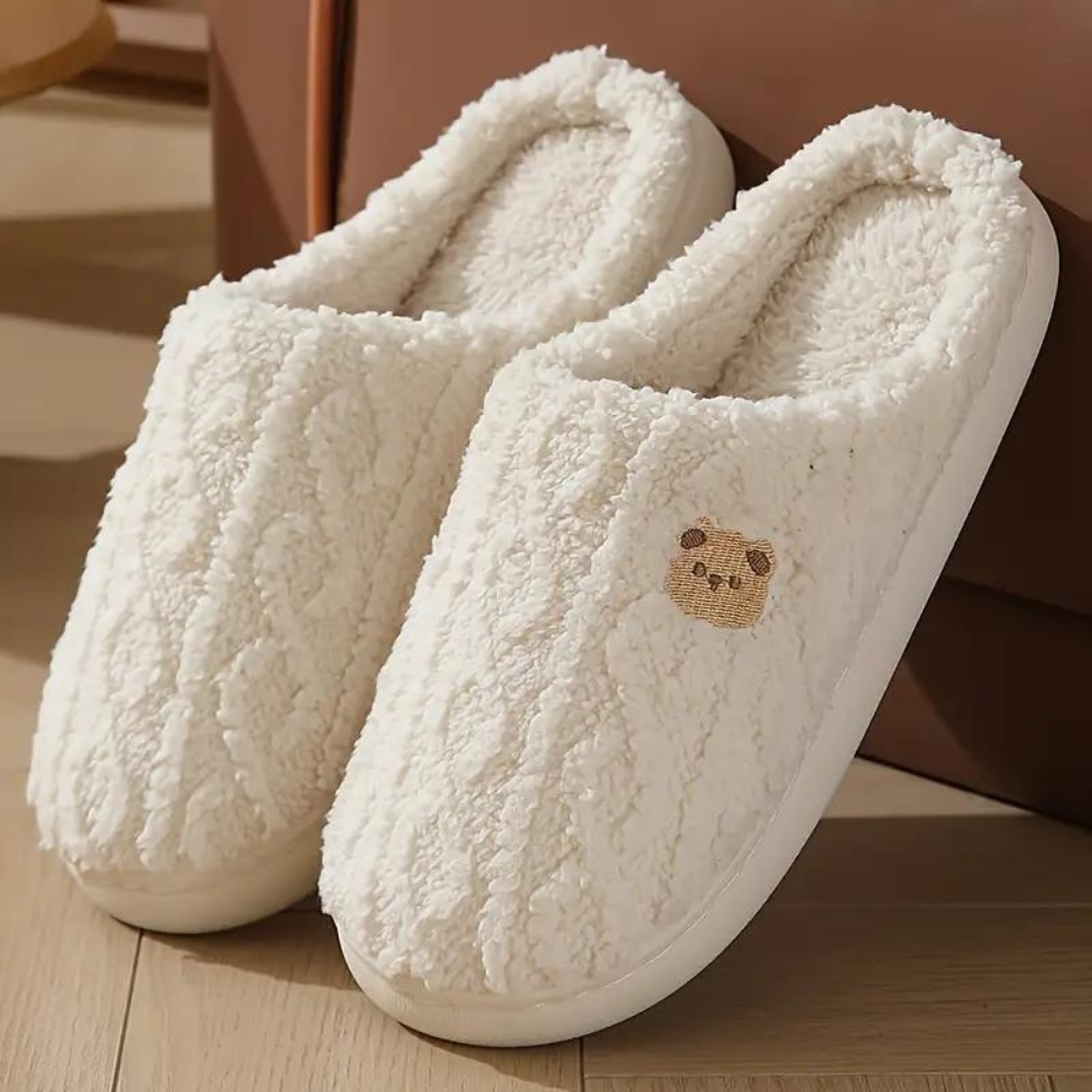 Women's Textured Slippers with Embroidered Bear Detail