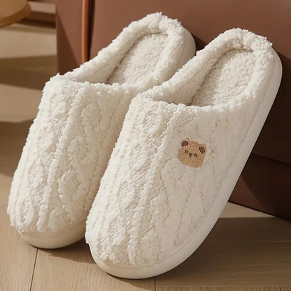 Women's Textured Slippers with Embroidered Bear Detail