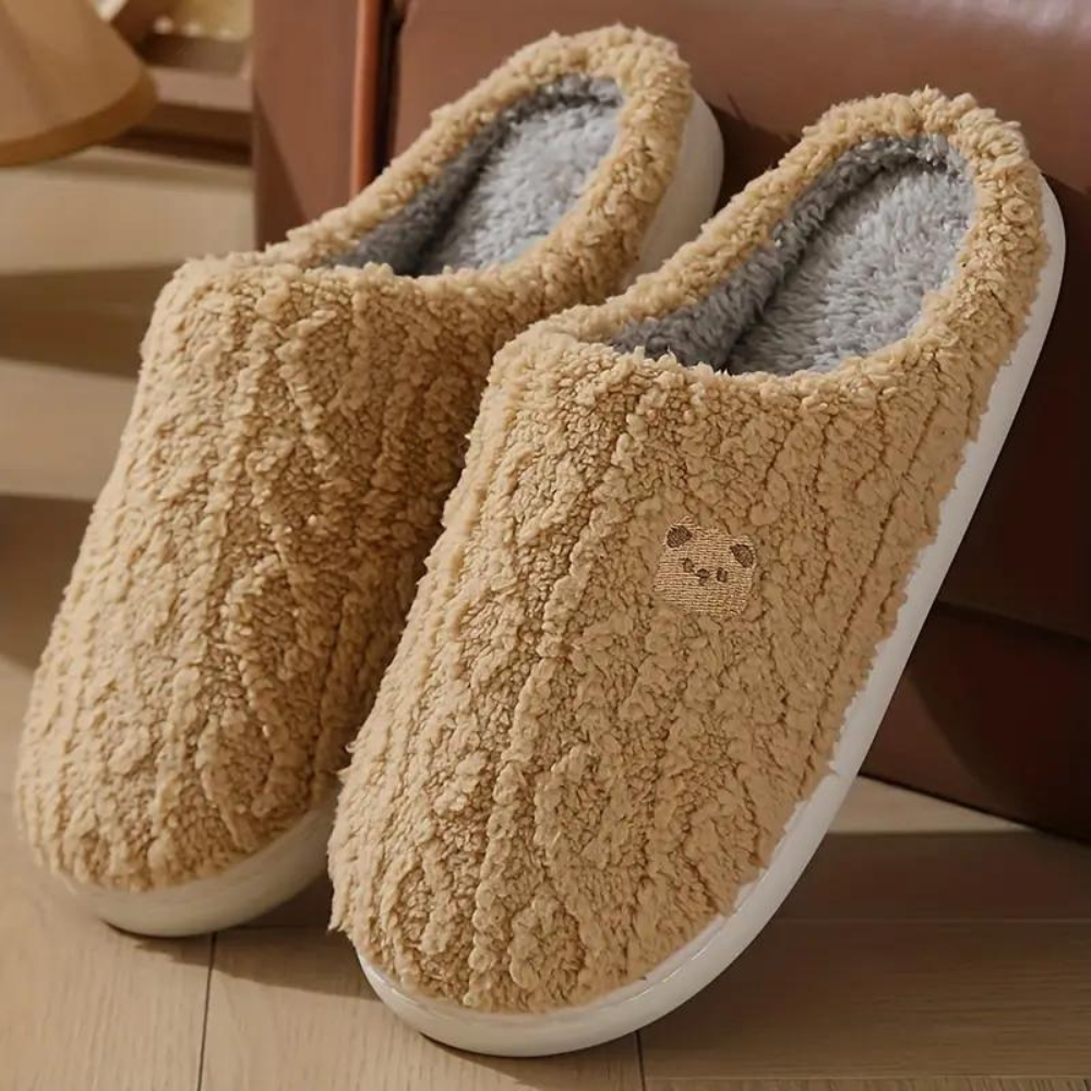 Women's Textured Slippers with Embroidered Bear Detail
