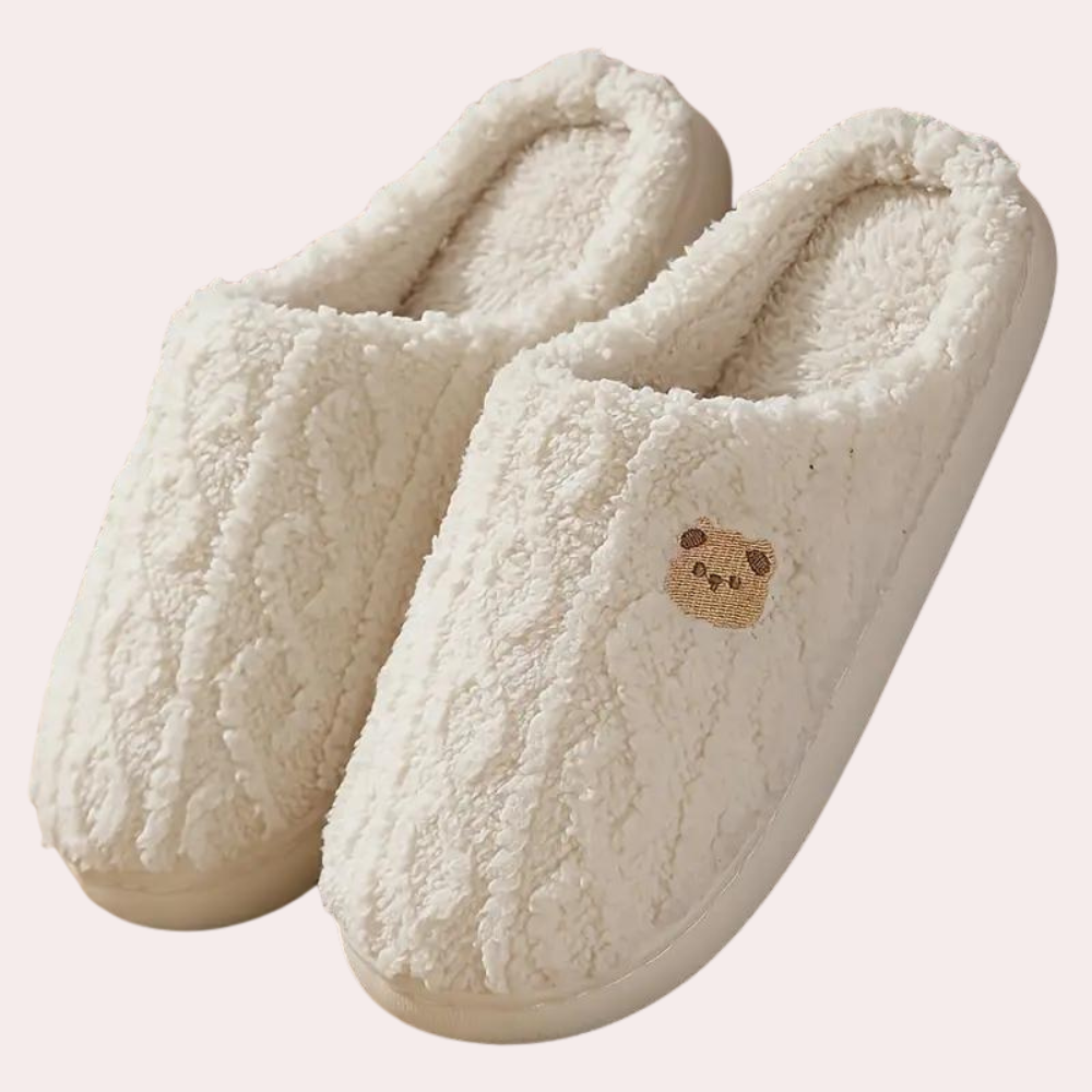 Women's Textured Slippers with Embroidered Bear Detail