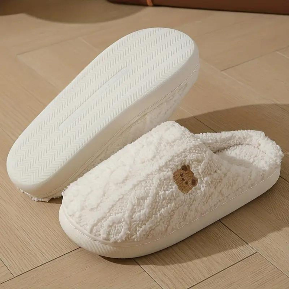 Women's Textured Slippers with Embroidered Bear Detail