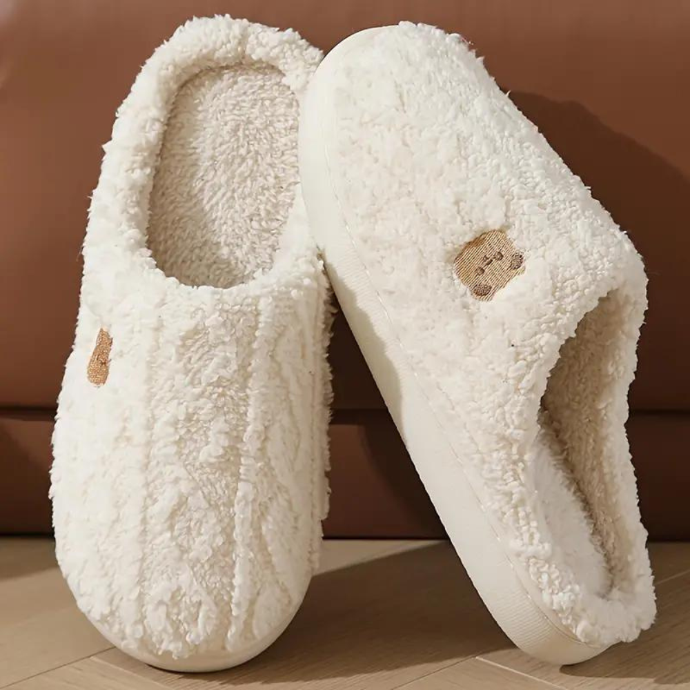 Women's Textured Slippers with Embroidered Bear Detail