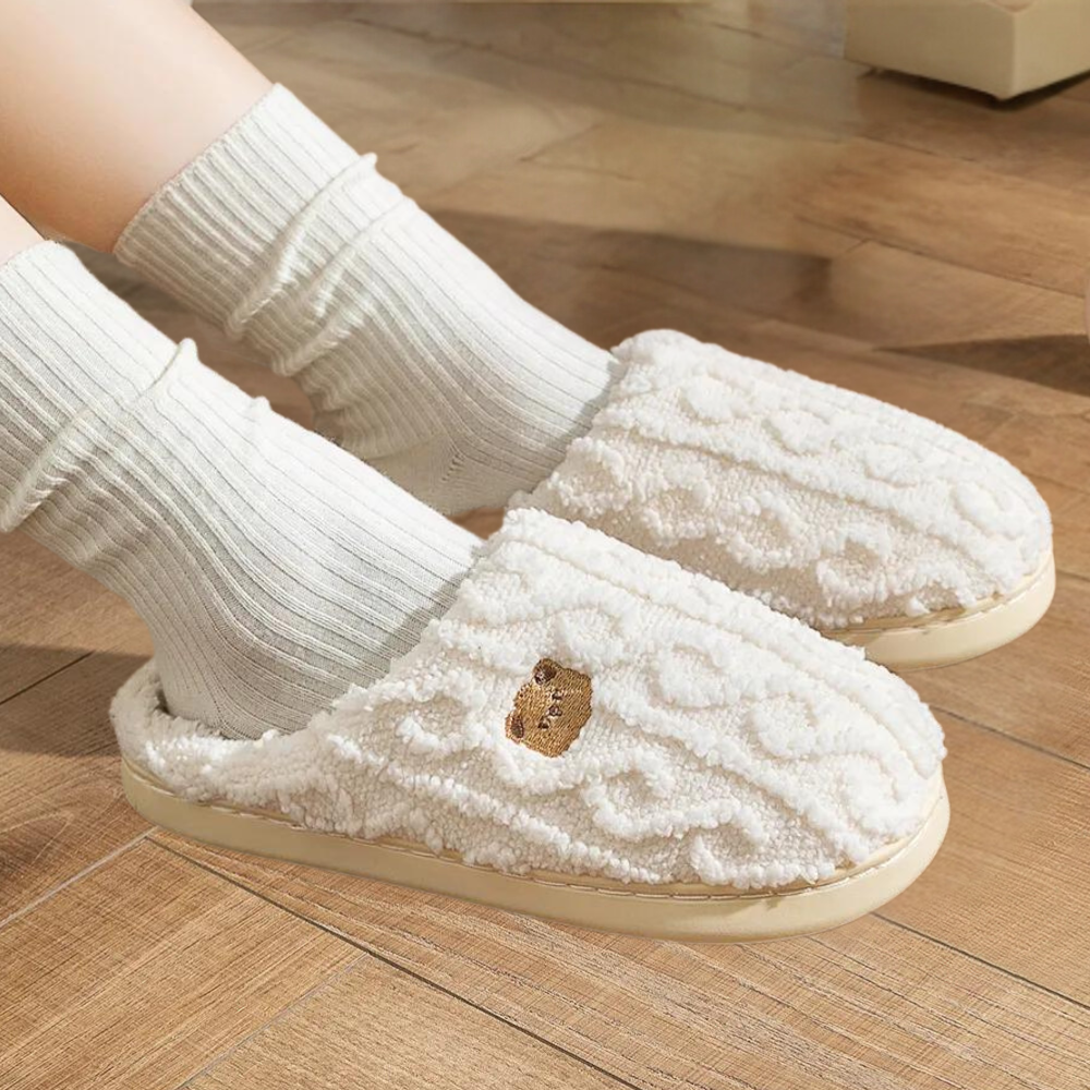 Women's Textured Slippers with Embroidered Bear Detail