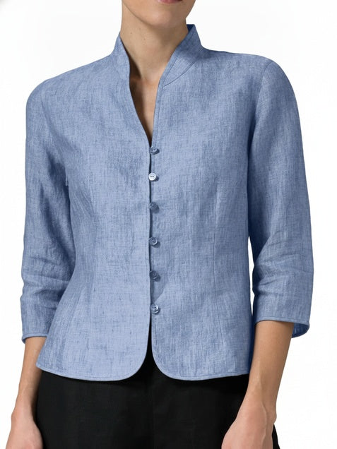 Women's Three-Quarter Sleeve Blazer with Officer Collar and Button Closure - 1