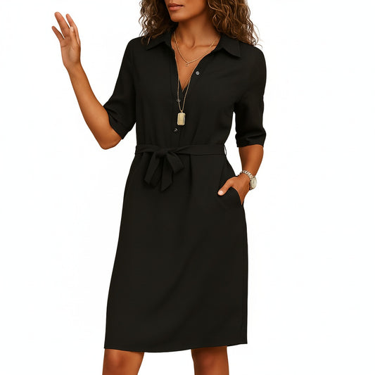 Women's Three-Quarter Sleeve Midi Shirt Dress with Belt and Pockets - 1