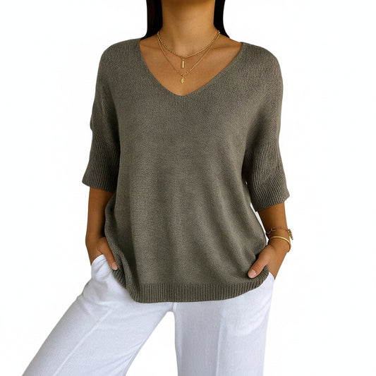 Women’s Three-Quarter Sleeve Oversized Sweater with V-Neck - 1