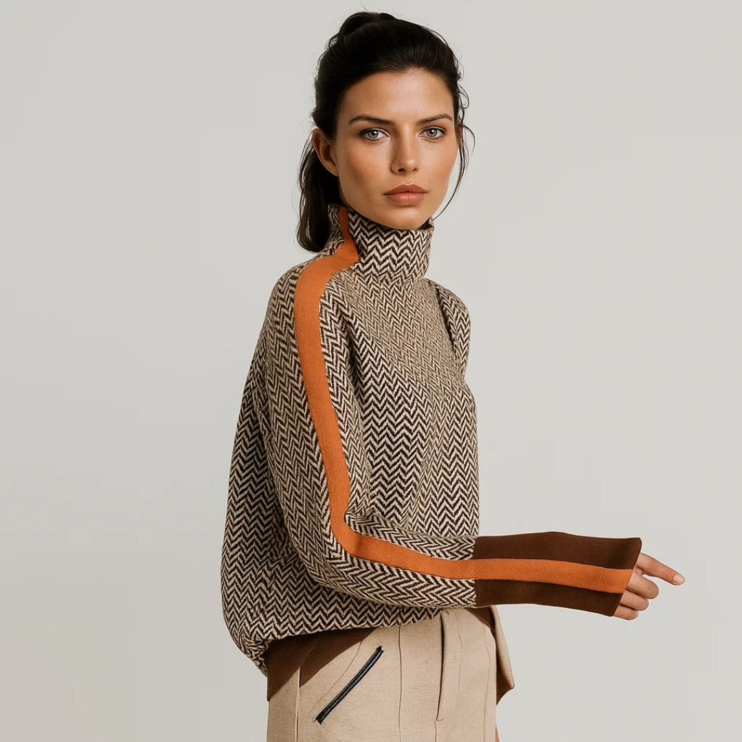 Women's Turtleneck Sweater with Herringbone Pattern and Contrast Side Stripes