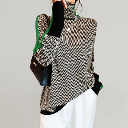 Women's Turtleneck Sweater with Herringbone Pattern and Contrast Side Stripes