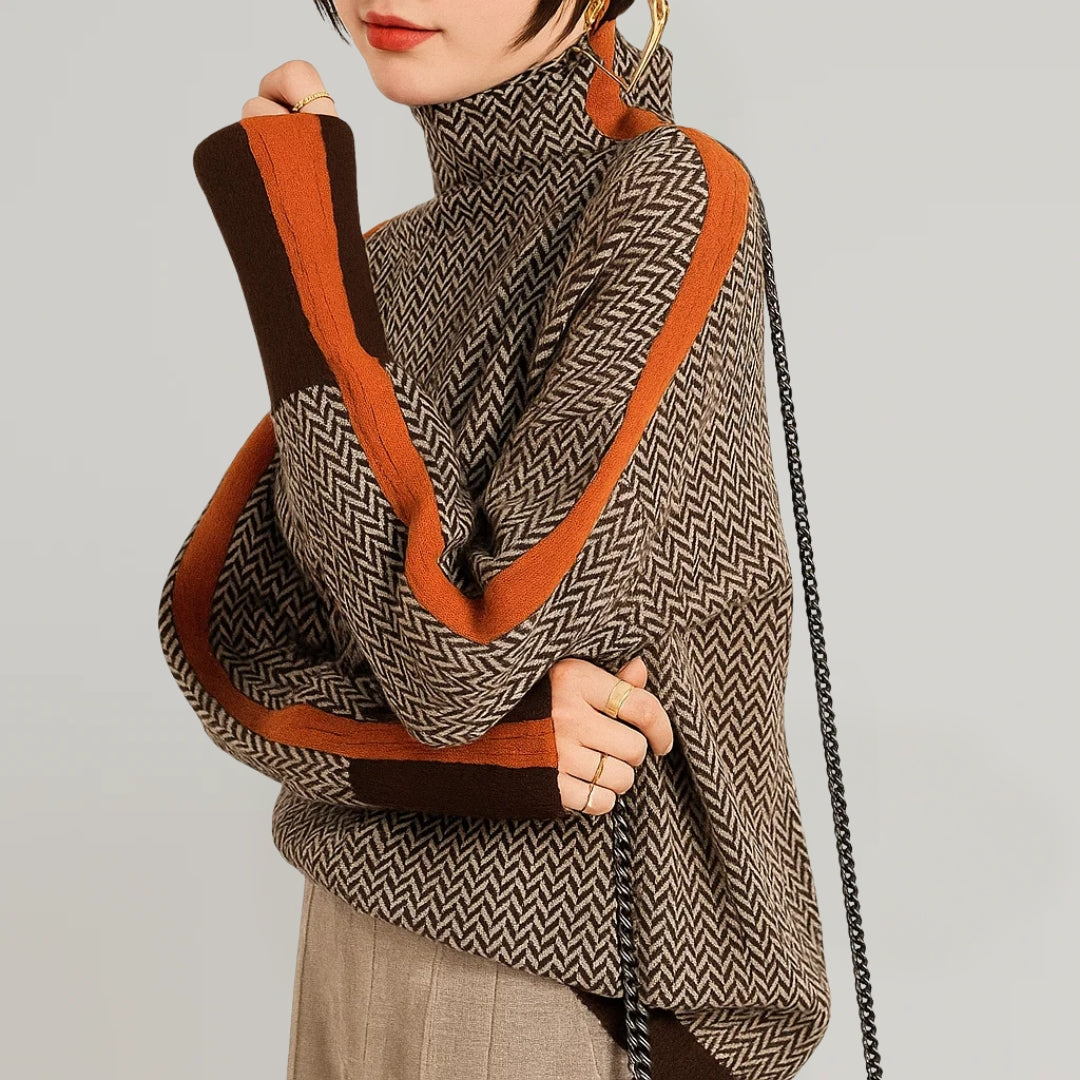 Women's Turtleneck Sweater with Herringbone Pattern and Contrast Side Stripes