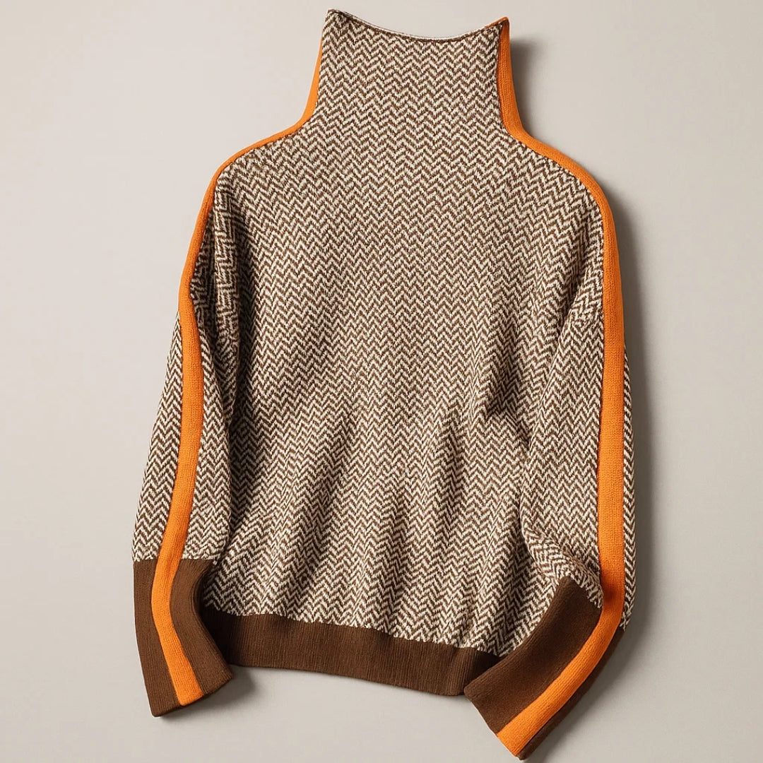 Women's Turtleneck Sweater with Herringbone Pattern and Contrast Side Stripes