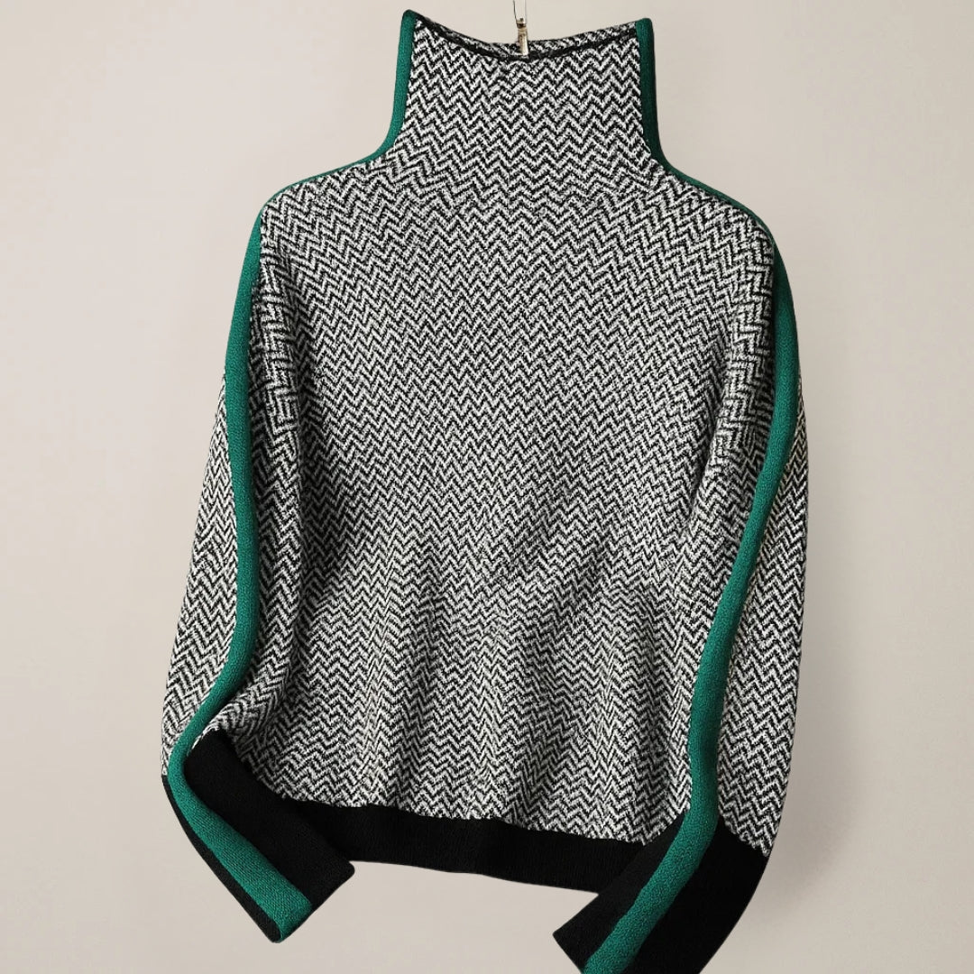 Women's Turtleneck Sweater with Herringbone Pattern and Contrast Side Stripes