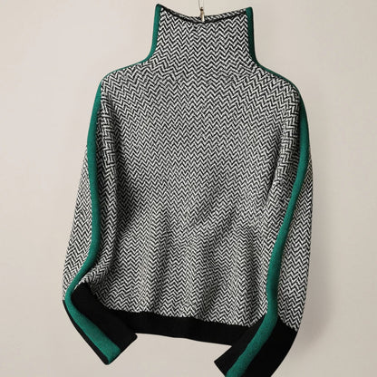 Women's Turtleneck Sweater with Herringbone Pattern and Contrast Side Stripes